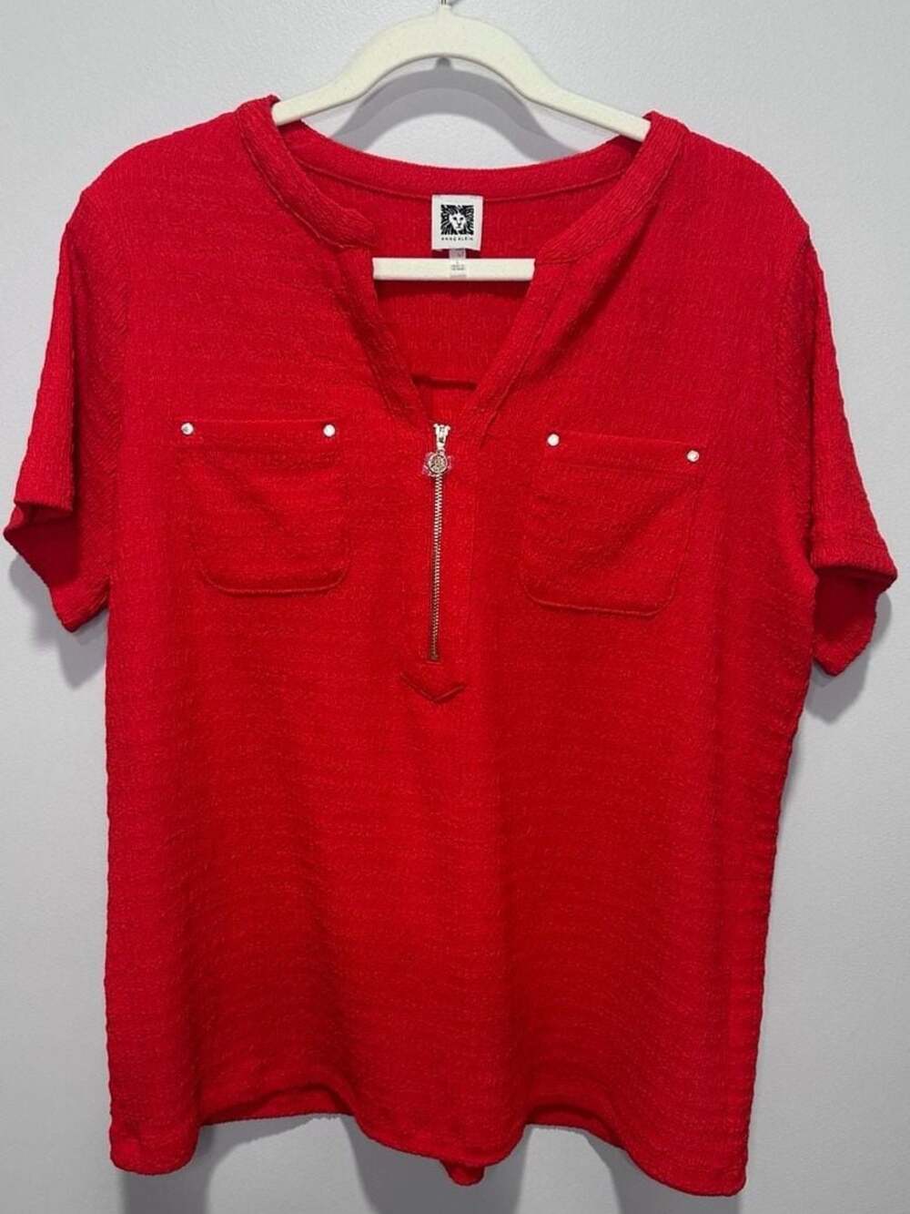 Anne Klein Red Textured Half-Zip Short Sleeve Top Size L